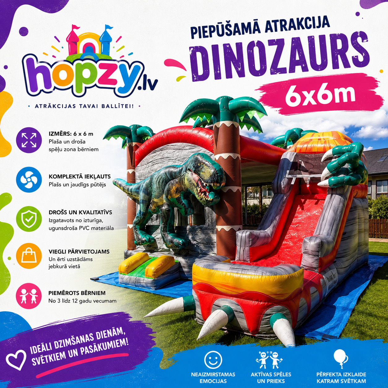 Dinozaurs – Piepūšamā atrakcija ar slidkalniņu | Hopzy.lv