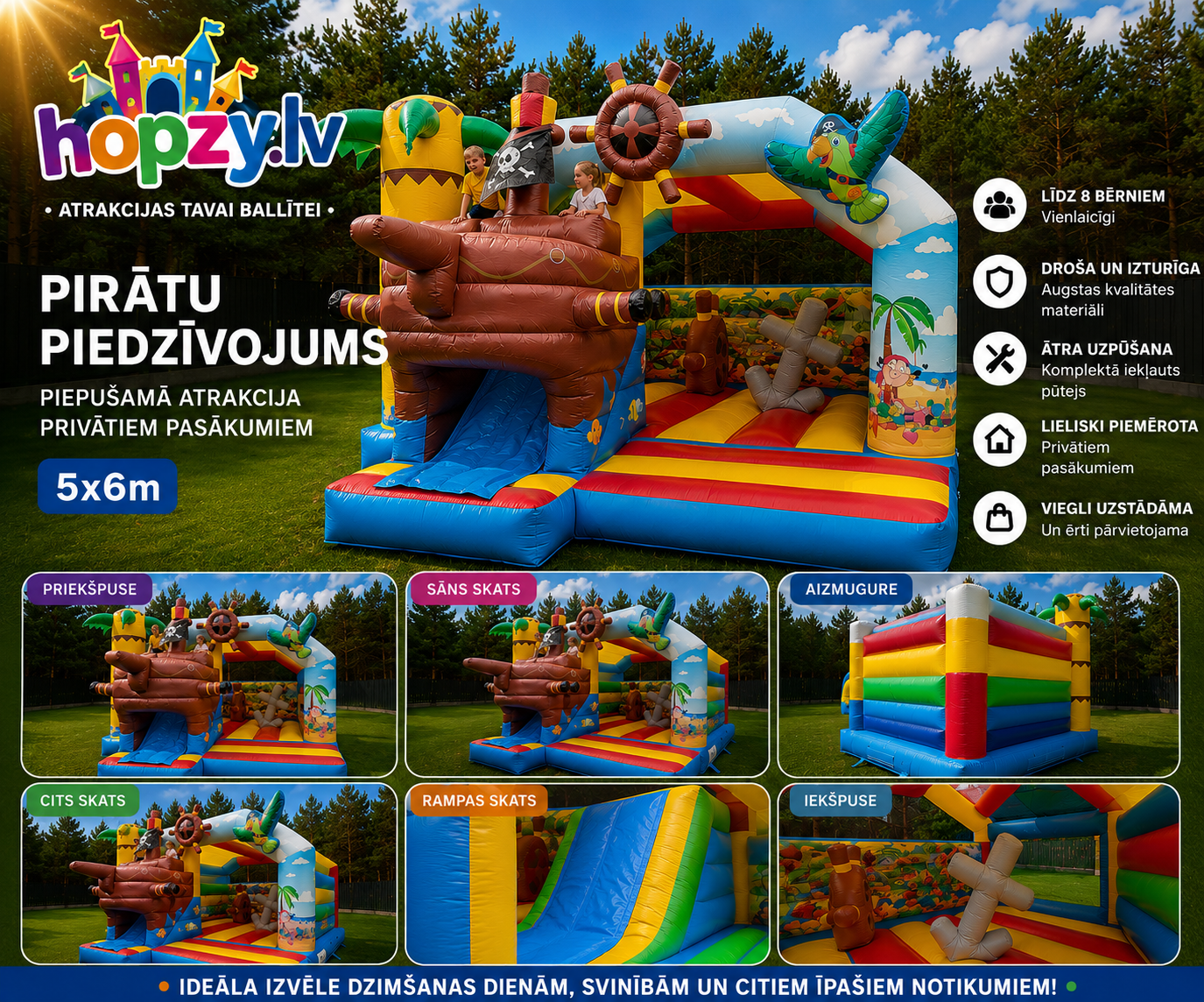 Pirātu Piedzīvojums – Piepūšamā atrakcija ar slidkalniņu (5 × 6 m) | Hopzy.lv