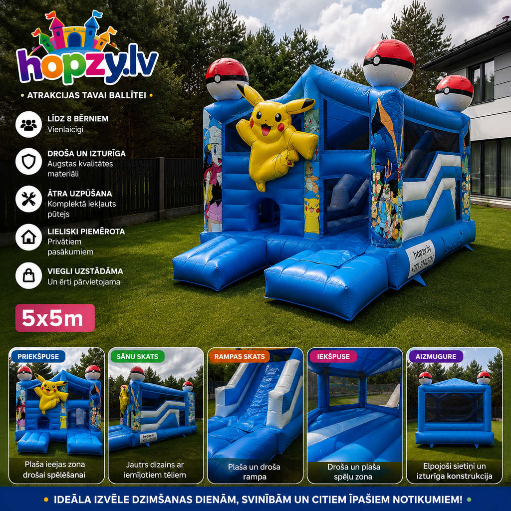 Pokémon Piepūšamā Atrakcija ar Slidkalniņu (5 × 5 m) | Hopzy.lv