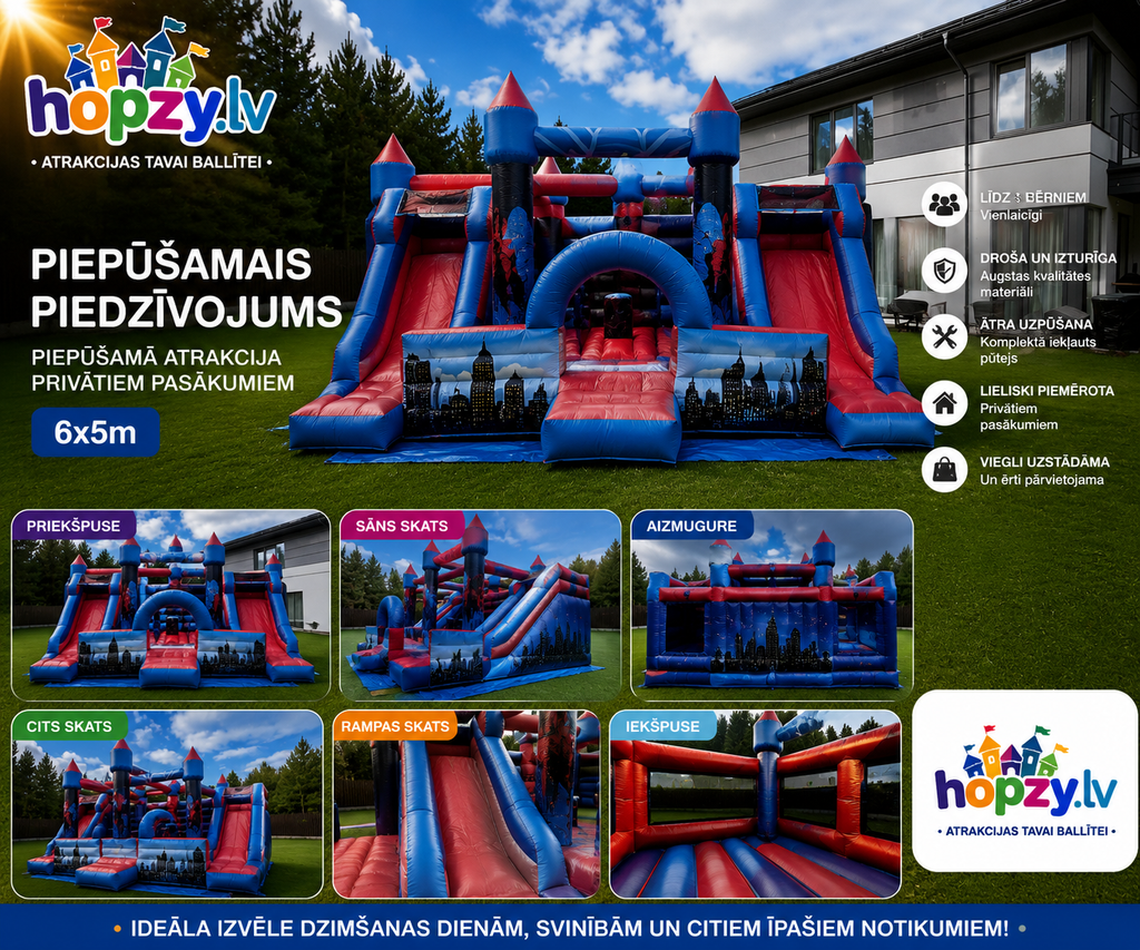 Zirnekļcilvēka piepūšamā atrakcija ar diviem slidkalniņiem (6 × 5 m) | Hopzy.lv