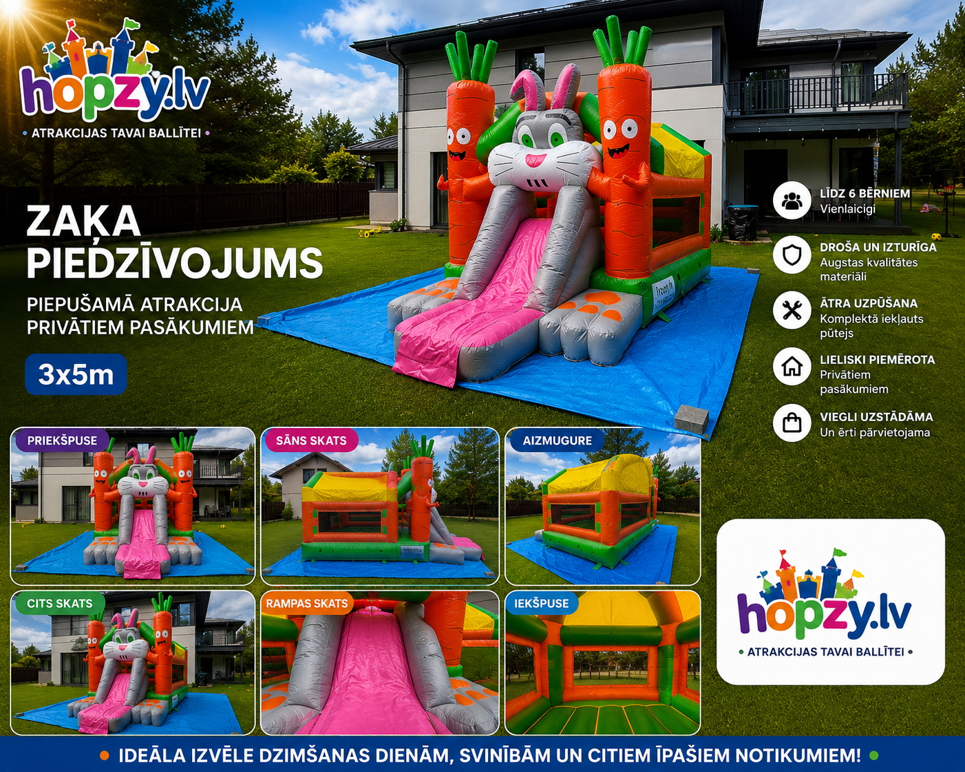 Zaķa Piedzīvojums – Piepūšamā atrakcija ar slidkalniņu (3 × 5 m) | Hopzy.lv